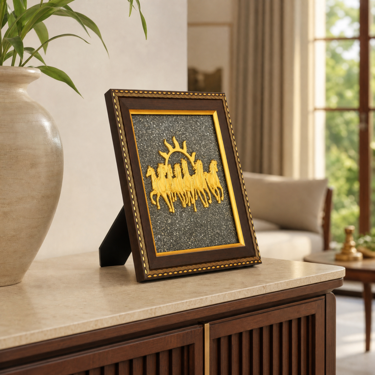 7 Horses on Raw Pyrite Frame | Seven Horses Wall Décor for Success & Prosperity