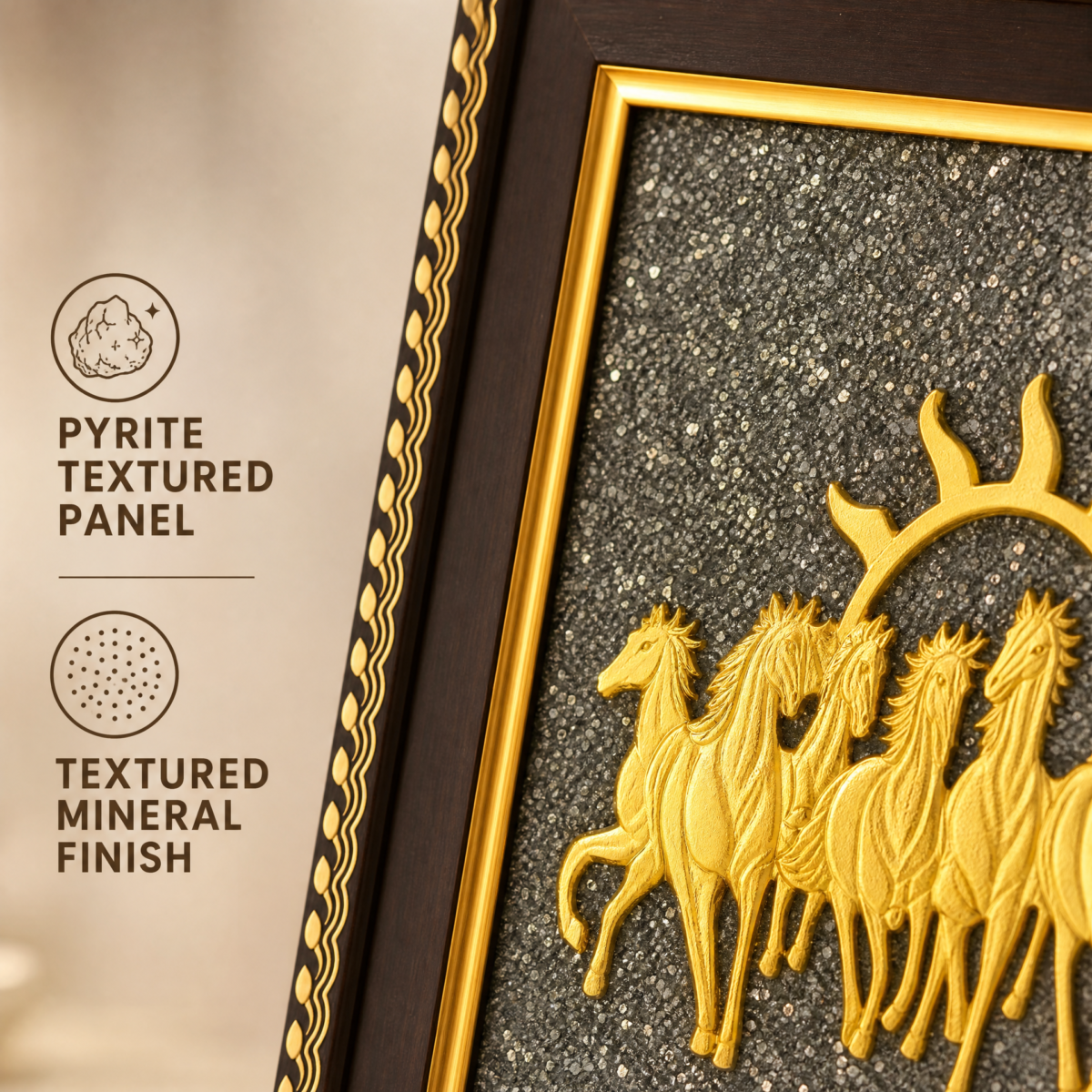 7 Horses on Raw Pyrite Frame | Seven Horses Wall Décor for Success & Prosperity