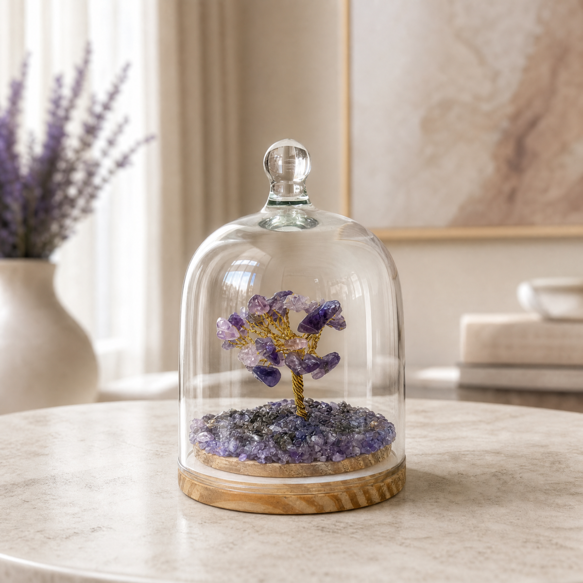 Amethyst Crystal Tree Under Glass Dome | Gemstone Tree Decorative Showpiece